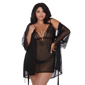 Verleidelijke Stretch Mesh Chemise en Robe Set - Plus Size 3X