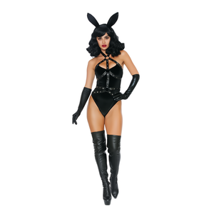 Bad Girl Bunny Kostuum Fluweel en Faux Leder - Zwart