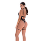 Bodysuit met Gestreepte Mesh en Faux Lederen Accenten - Zwart S/M