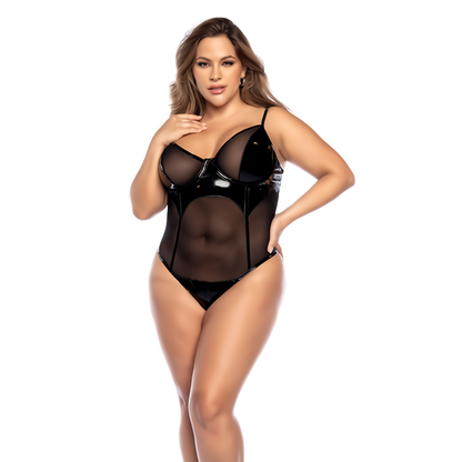 Vinyl Bodysuit 3/4X - Zwart Wet Look