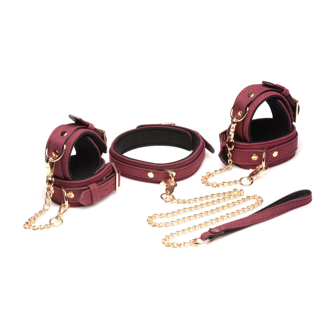 6 - Delige Fluwelen Bondage Set met Boeien, Kraag en Riem - Bourgogne en Goud - EroticToyzBondage SetXR Brands