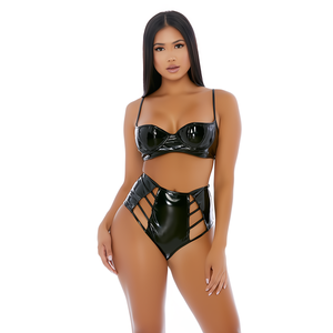 Strings Attached Vinyl Lingerie Set met Strappy Ontwerp - Zwart - Maat S