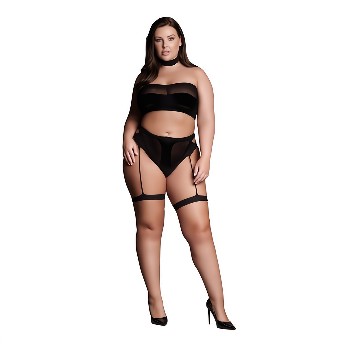 Ananke XII - Three Piece with Choker, Bandeau Top and Pantie with Garters - Plus Size - EroticToyzProducten,Lingerie,Lingerie voor Haar,3 - Delige Set,Queen size,Strings en Slipjes,Topjes,,VrouwelijkLe Désir by Shots