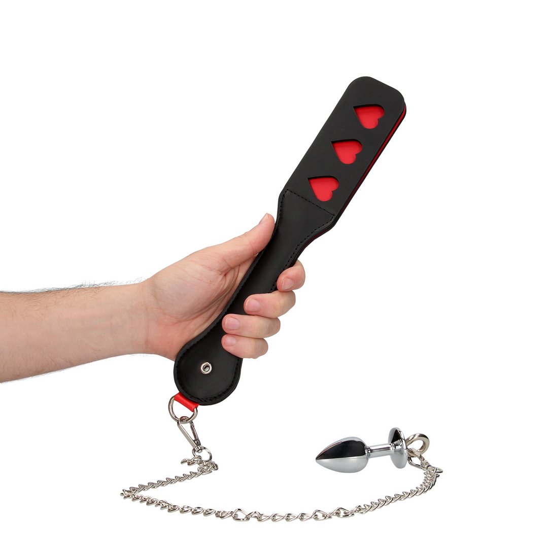 'BDSM Harten Paddle met Metalen Anaalplug - Zwart/Zilver' - EroticToyzPeddelsOuch! by Shots