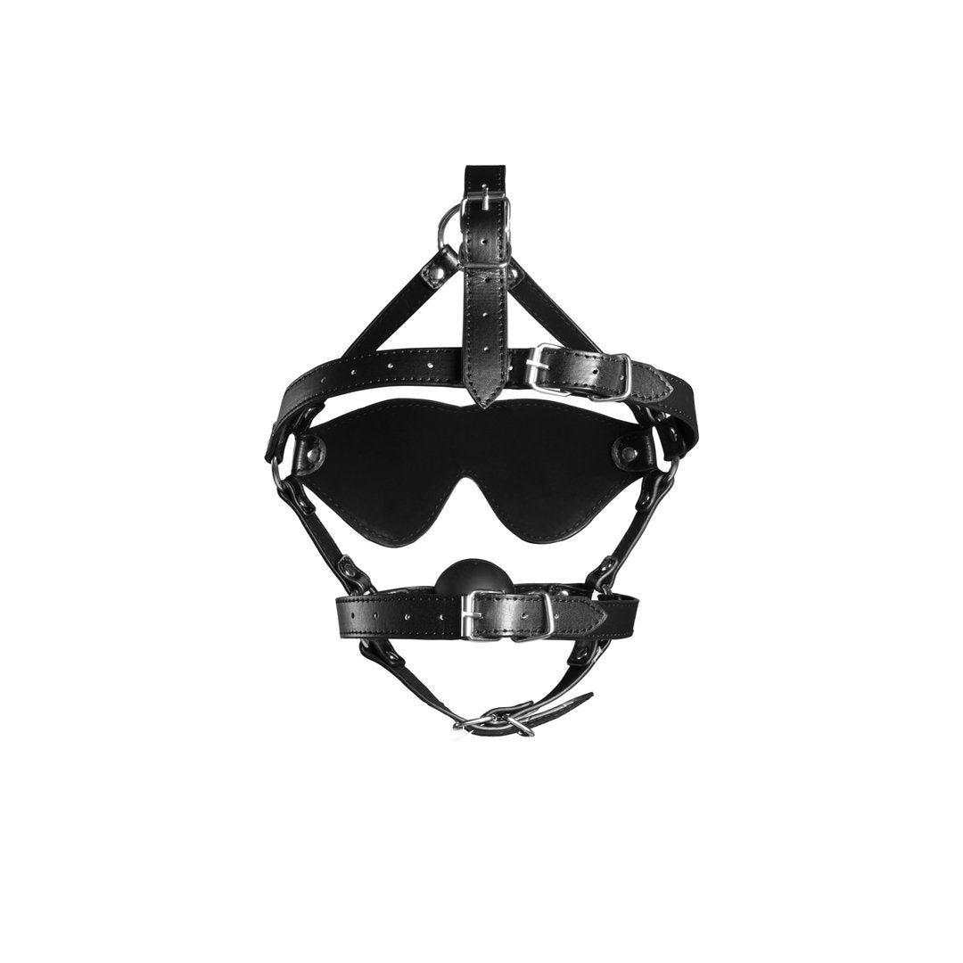 Blindfolded Head Harness with Solid Ball Gag - Black - EroticToyzProducten,Toys,Fetish,Gags,Maskers,Gezichtsmasker,,Ouch! by Shots