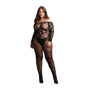 Bodystocking with Off - Shoulder Long Sleeves - OSX - Black - EroticToyzProducten,Lingerie,Lingerie voor Haar,Bodystockings,Queen size,,Le Désir by Shots