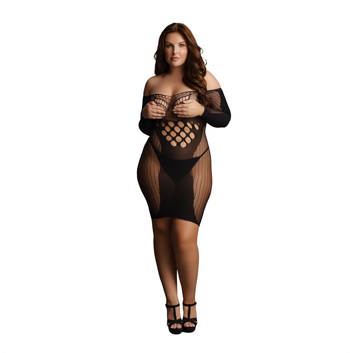 Contrast Net Long Sleeved Mini Dress - Plus Size - EroticToyzProducten,Lingerie,Lingerie voor Haar,Jurkjes,Queen size,,VrouwelijkLe Désir by Shots