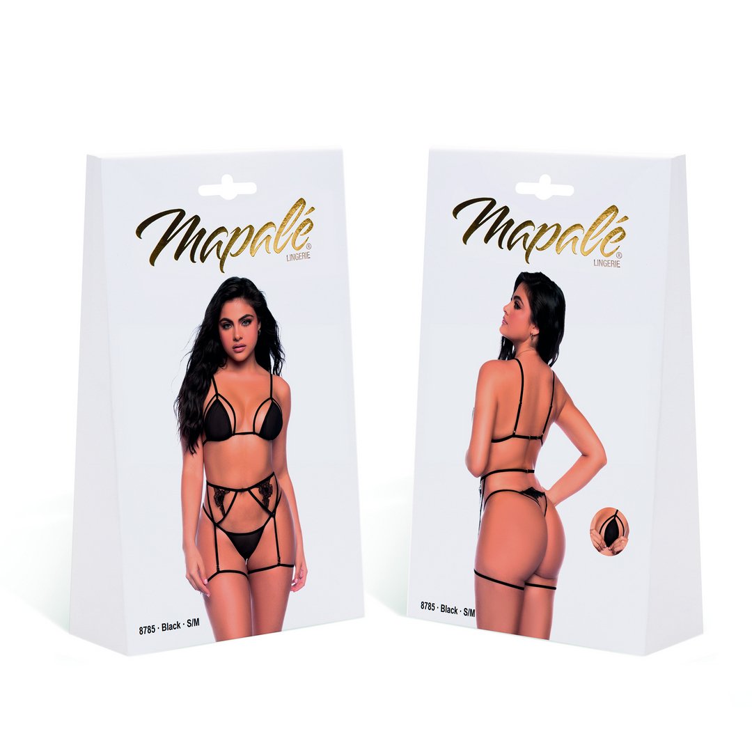 Driedelige Lingerieset met Geborduurde Bloemen - Zwart - S/M - EroticToyz3 - Delige SetMapalé