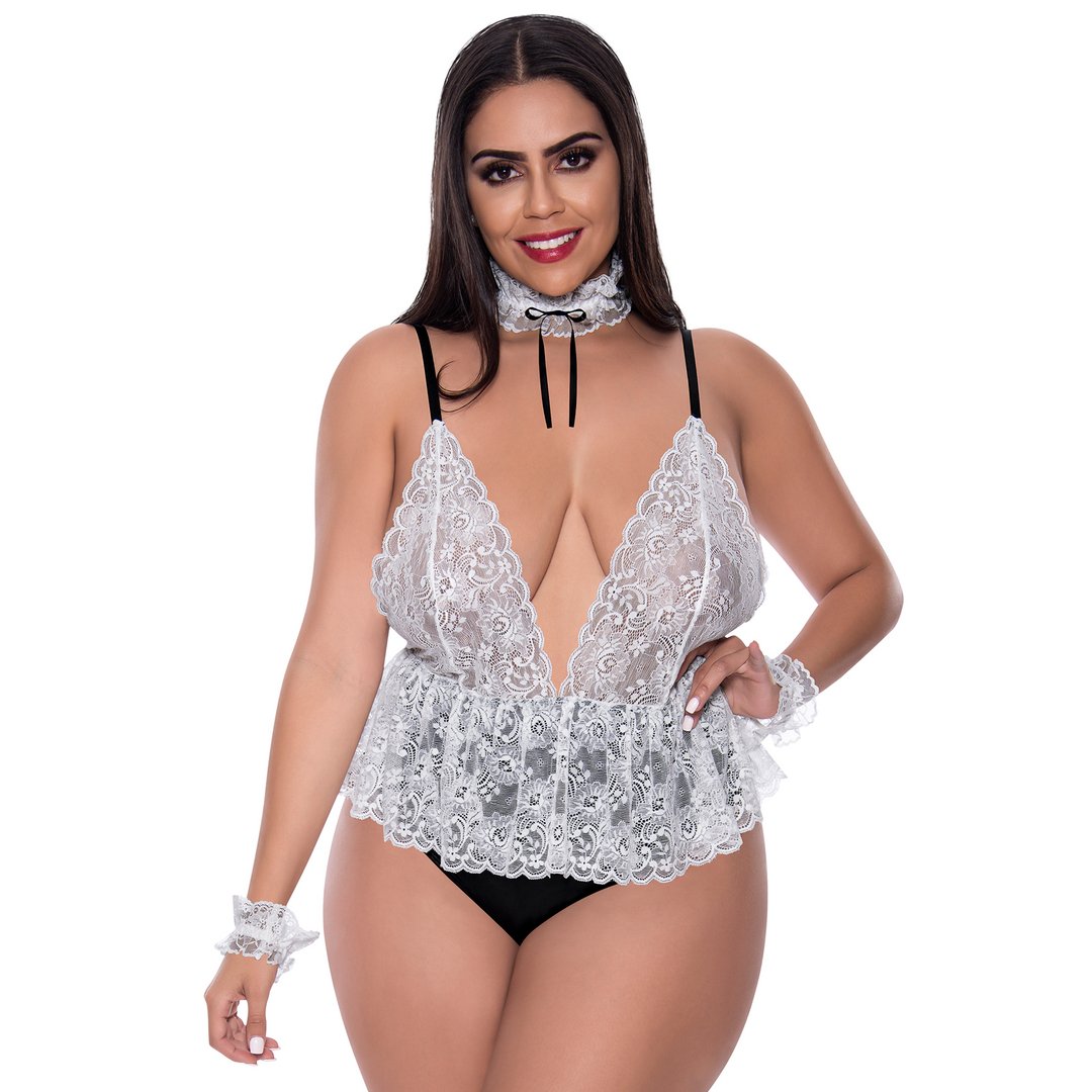 Full Service - 2XL - White - EroticToyzProducten,Lingerie,Lingerie voor Haar,Queen size,Rollenspel Kostuums,Kostuums,,VrouwelijkMagic Silk