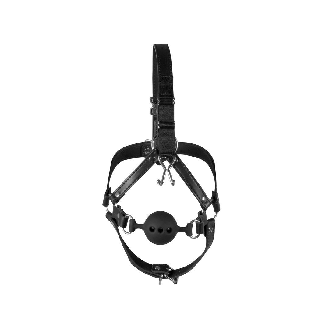 Head Harness with Breathable Ball Gag and Nose Hooks - Black - EroticToyzProducten,Toys,Fetish,Gags,Maskers,Gezichtsmasker,,Ouch! by Shots