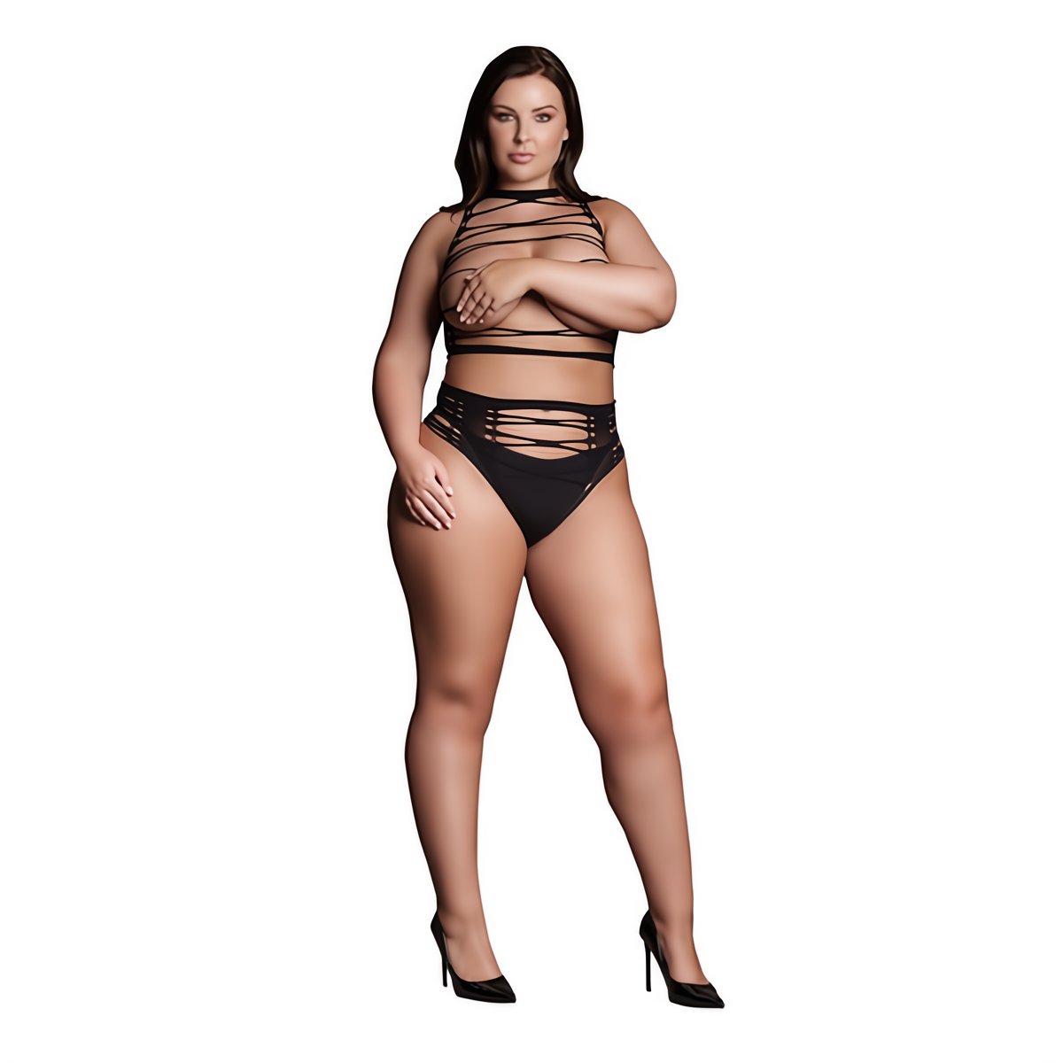 Helike XLV - Two Piece with Open Cups, Crop Top and Pantie - Plus Size - EroticToyzProducten,Lingerie,Lingerie voor Haar,2 - Delige Set,Queen size,Strings en Slipjes,Topjes,,VrouwelijkLe Désir by Shots