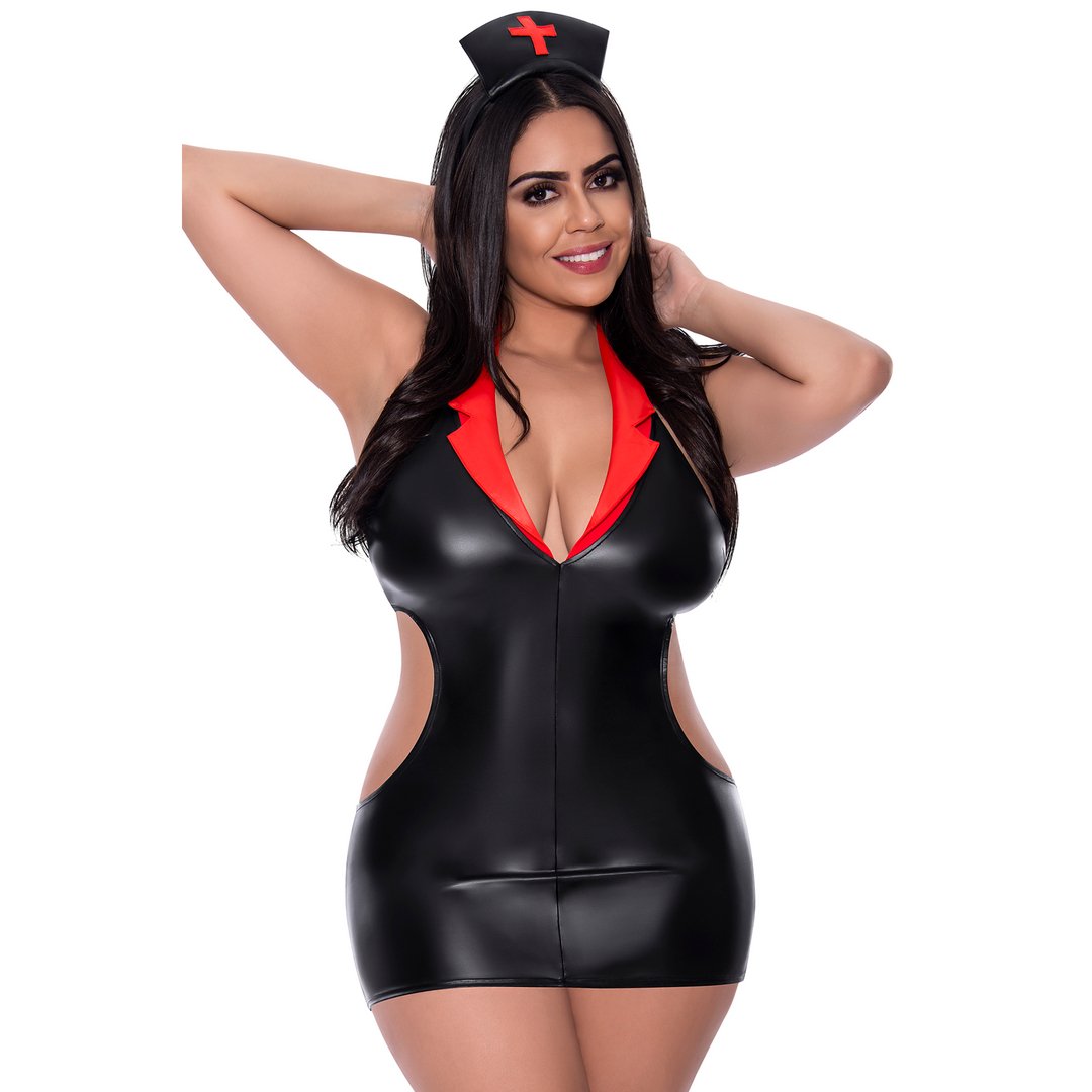 Nacht Verpleegster Outfit - 2XL - Zwart - Dress Up Collectie - EroticToyzProducten,Lingerie,Lingerie voor Haar,Queen size,Rollenspel Kostuums,Kostuums,,VrouwelijkMagic Silk