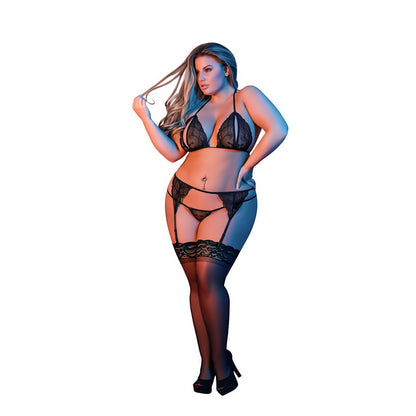 Peek - a - Boo Beha, Jarretelgordel en G - String Set - Plus Size 2XL - Zwart - EroticToyzProducten,Lingerie,Lingerie voor Haar,3 - Delige Set,Queen size,,VrouwelijkMagic Silk