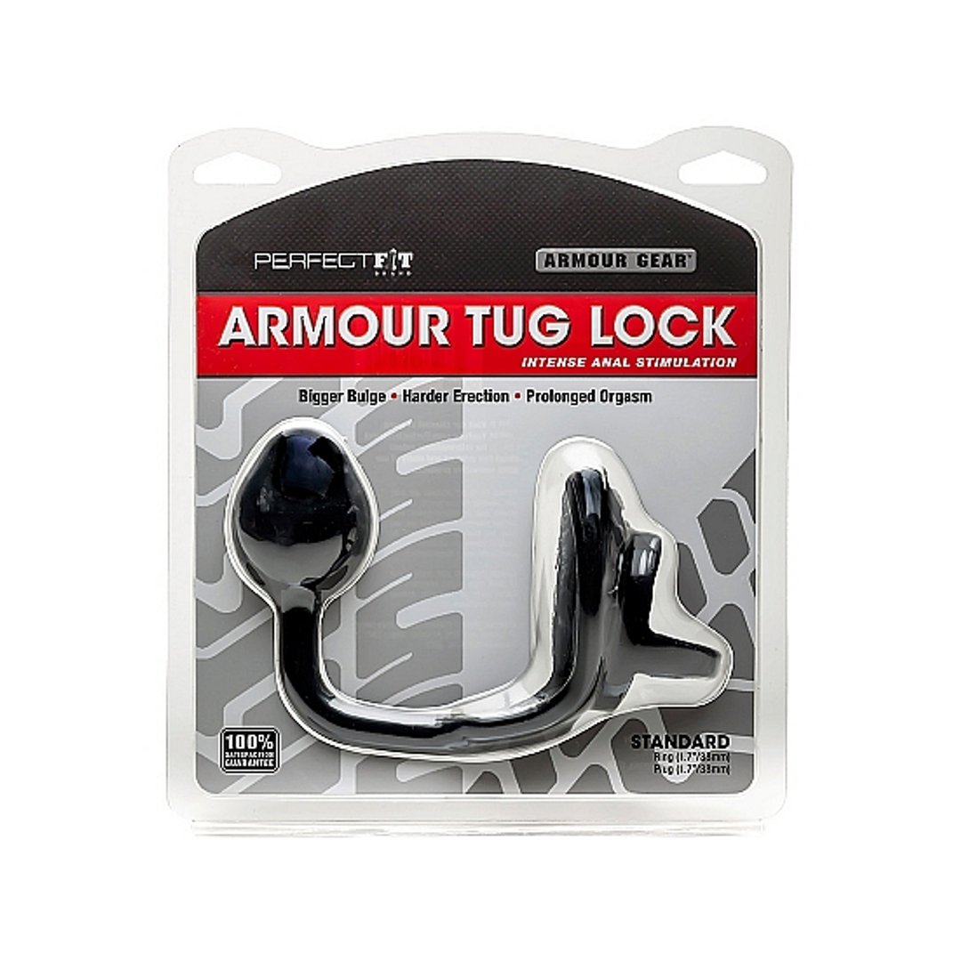 Perfect Fit Armor Tug Lock Cockring met Balriem en Buttplug - Medium Zwart - EroticToyzCockringenPerfectFitBrand