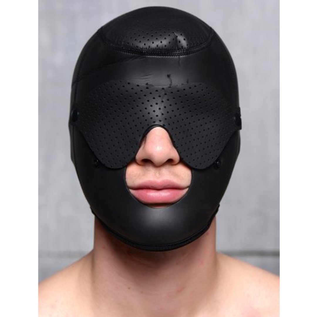 Scorpion Neopreen Capuchon met Verwijderbare Blinddoek en Mondmasker - Zwart - EroticToyzGezichtsmaskerXR Brands