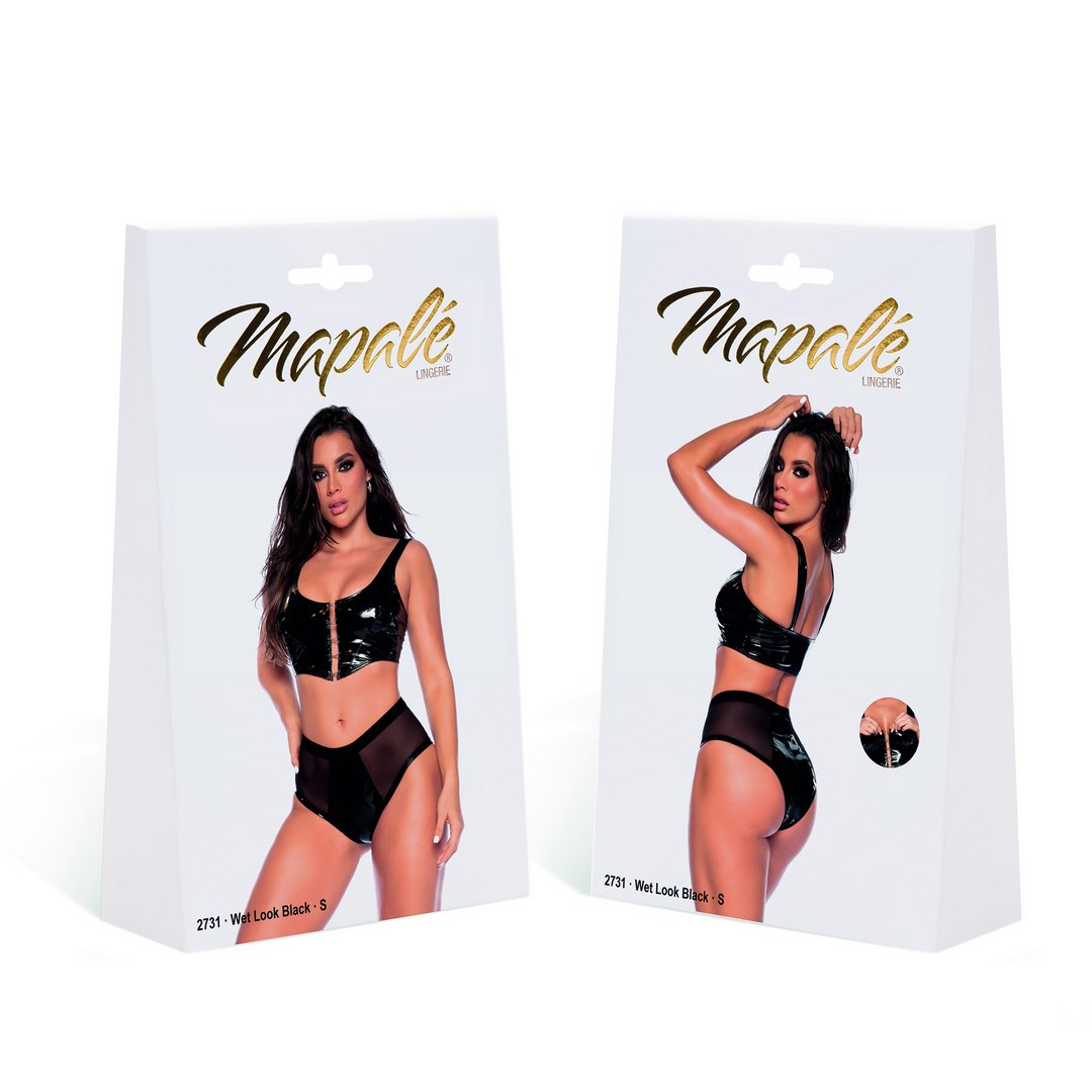 Verleidelijke Vinyl Crop Top en High - Waisted Panty Set - Wet Zwart, M - EroticToyz2 - Delige SetMapalé