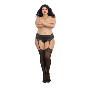 Sheer Thigh Highs with Lace Top - Plus Size - Black
