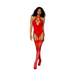 Vrouwen Stretch Kant en Stretch Fluweel Jarretel Teddy - One Size - Rood