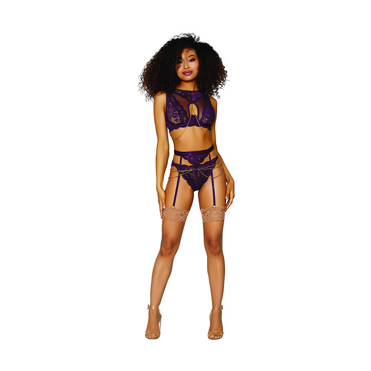 Women's Lace and Mesh 3 Piece Set - S - Aubergine